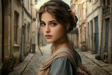 young woman dressed in garcon style clothes, french street background