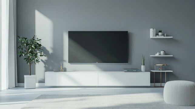 Modern living room with flat-screen TV, white media console, and minimalist decor.