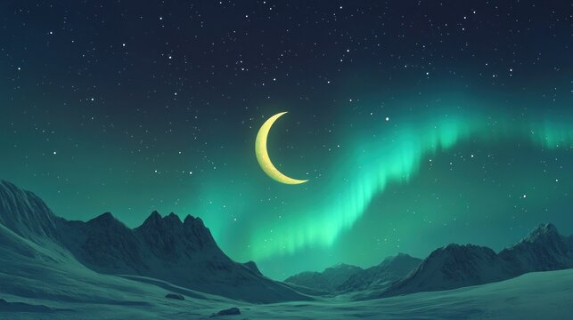 Crescent moon and aurora borealis over snowy mountains at night.