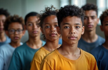 Fototapeta premium Diverse youth stand in line looking at camera. Serious expressions show unity. Group of young people show togetherness. Casual clothes. Indoor setting. Equality, diversity concepts. Photo embodies