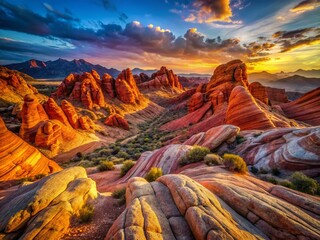 Valley of Fire State Park: Vivid Red Rock Formations at Dawn, High Depth of Field