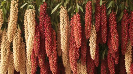 Fototapeta premium Hanging bushes with clusters of red and pink flowers forming a vibrant natural display.
