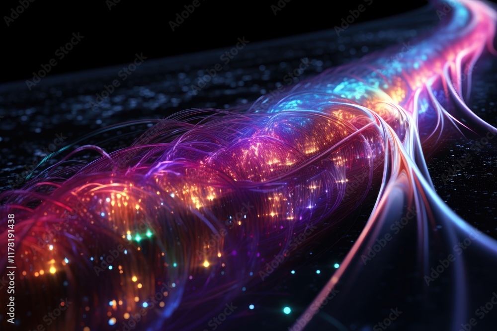 Poster a stunning visualization of photons moving through a colorful medium, depicting light transmission d
