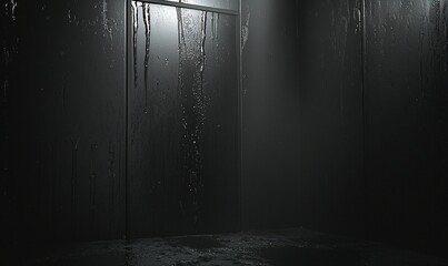 Obraz premium Dark, wet room with light shining through window, rain streaks, mysterious atmosphere.