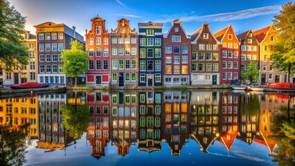 Fototapeta premium Vibrant Amsterdam Canal Houses: Colorful Architecture & Scenic Waterways