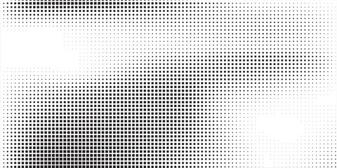 Grunge halftone gradient background. Faded grit noise texture. White and black sand wallpaper. Retro pixelated backdrop. Anime or manga style comic