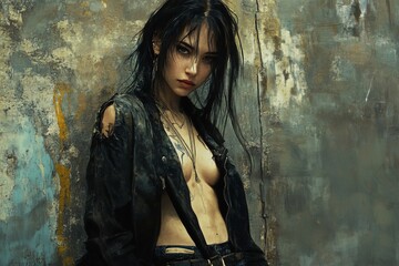 Fototapeta premium young woman dressed in grunge style clothes, grunge wall outdoors background