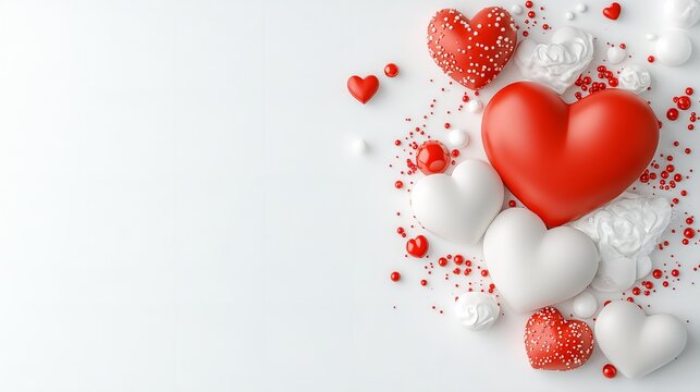 Red and white heart-shaped decorations are artistically arranged on a plain background, ideal for expressing love during celebrations and special occasions