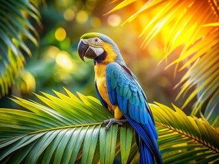 Fototapeta premium Vibrant Blue and Yellow Macaw Parrot on Palm Leaf - Tropical Paradise Stock Photo