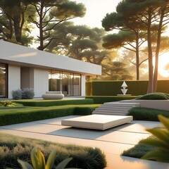 A serene modern outdoor space, bathed in warm, golden light, featuring a minimalist yet lush...