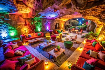 Vibrant Cave Lounge: Colorful Decor & Cozy Gathering Space - Aerial View