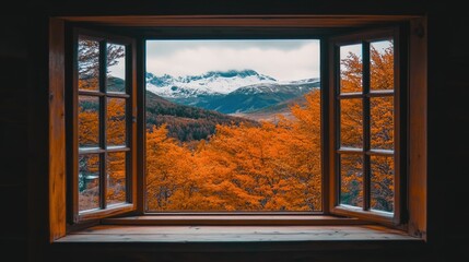 Vibrant fall foliage and snowy peaks seen through the expansive window of a cozy wooden cabin.
