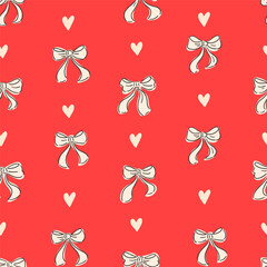 Bows and hearts seamless pattern for Valentines day. Preppy coquette repeat background. Cute romantic print, lovely wallpaper. Hand drawn bow knots, textile, gift paper. Vector illustration.