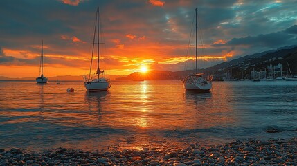 Sailboats at Sunset on a Rocky Coastline