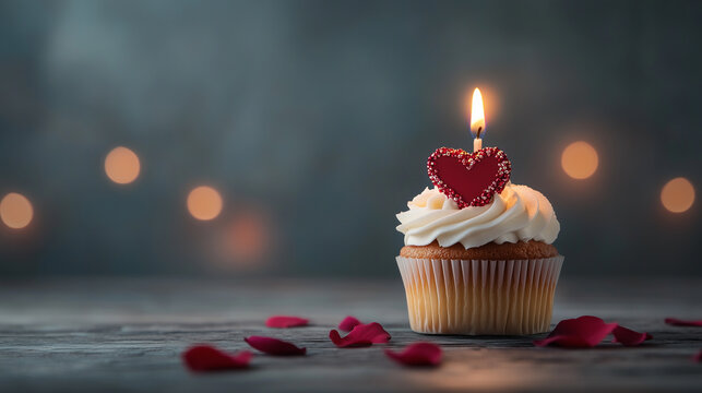 Delightful cupcake with heart candle, perfect for celebrations and love.