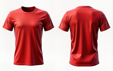 Red t-shirt mockup template. Blank front back, side views. 3D rendering. Design template for graphic art. Versatile for apparel brands, advertising. Suitable for print design, fashion projects. Empty