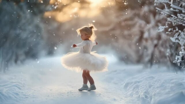 Young girl in a white dress is walking through the snow. 4K Video