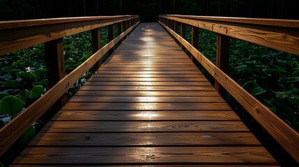 Fototapeta premium Corkscrew Swamp Sanctuary's wooden walkway, weaving through vibrant wetland flora, shimmering with delicate morning mist, a calm and pristine ambiance