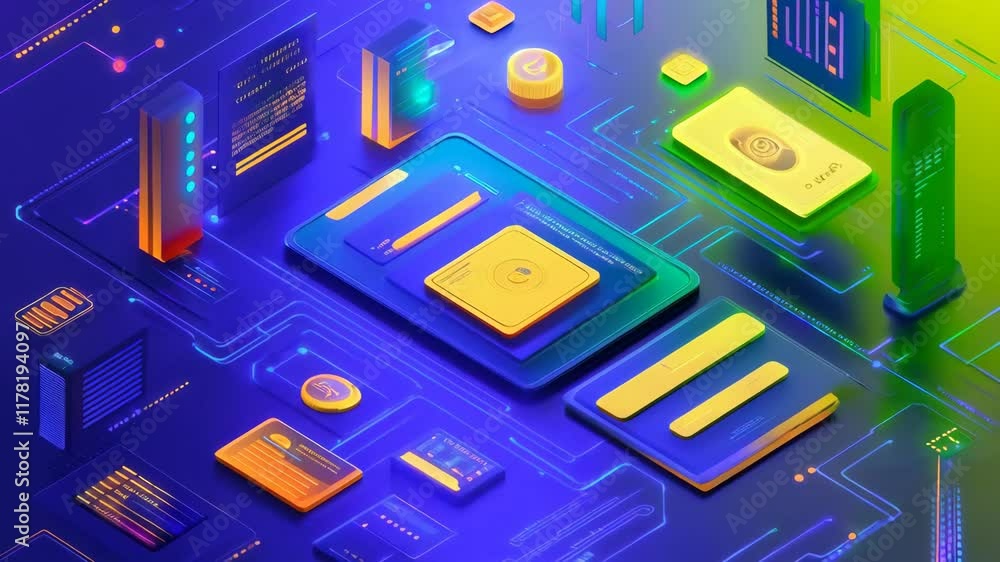 Poster colorful image of a computer network with a tablet on top. 4k video