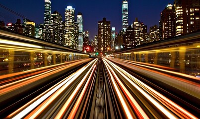 Fototapeta premium Light trails of train at night with city skyline in background.