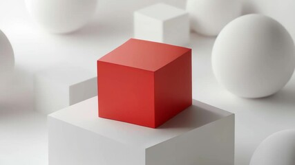 Red cube sits on top of a white cube. 4K Video - Powered by Adobe