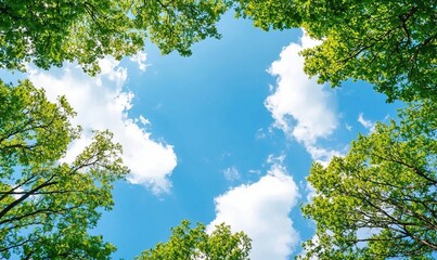 Obraz premium Lush green trees frame a bright blue sky with fluffy white clouds, ideal for nature backgrounds.