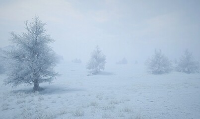 Fototapeta premium Misty winter landscape with snow-covered trees and hazy sky, ideal for serene backgrounds.