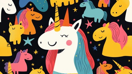 Playful Colorful Unicorn Pattern with Stars and Cute Characters on Dark Background