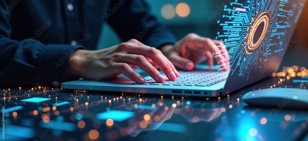 Poster Person codes on laptop. Hands type on keyboard. Tech interface with circuits. Innovation concept. IoT software development. Developer working. Coding session in progress. Digital transformation.