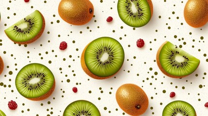 Fototapeta premium Playful vector art of kiwis with exaggerated textures and bright color outlines, scattered across a light cream background, energetic style