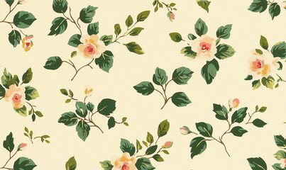 Peach roses and green leaves floral pattern on cream background for textile, wallpaper.