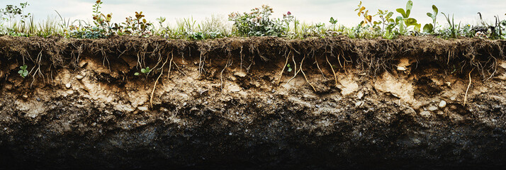 Obraz premium A cross-section of biodynamic soil, showcasing the rich layers of nutrients and organisms, with roots of plants stretching down into the earth, symbolizing life and sustainability. 