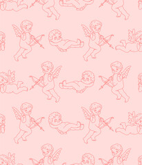 Cute valentine seamless pattern with silhouettes of angels cupids with arrows and hearts. Vector illustration background.