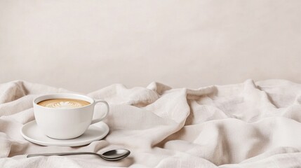 A cozy cup of coffee on a soft blanket background.