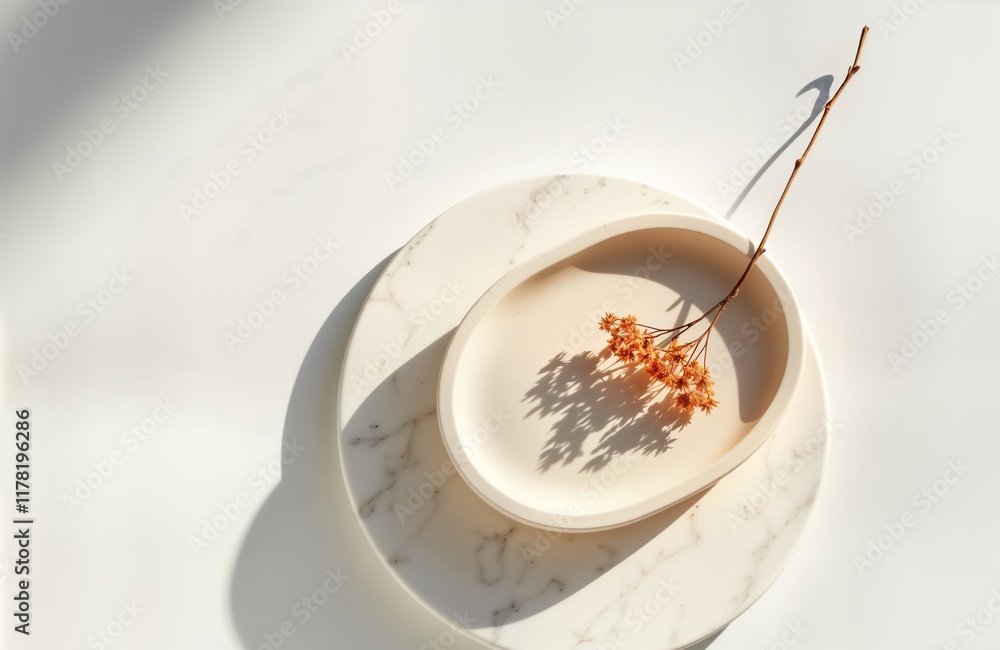 Poster Minimalist design oval stone form on white background. Trendy sunlight casts shadow. Empty podium for cosmetic products. Abstract geometric shapes create display. Natural light highlights organic