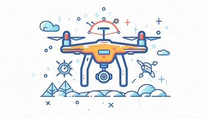A drone flying over a stylized landscape. Ideal for applications related to drone technology, aerial photography, delivery services, or surveillance.