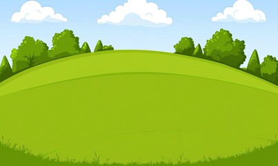 Obraz premium Rolling green hills landscape with trees and blue sky background, ideal for nature scenes.