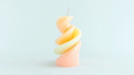 A colorful, spiral-shaped candle in pastel hues stands upright against a soft, light background, adding a whimsical touch to any decor.
