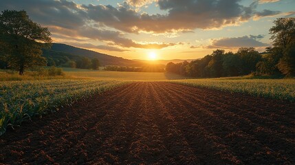 Obraz premium Sunset over farmland showing plowed field and growing corn