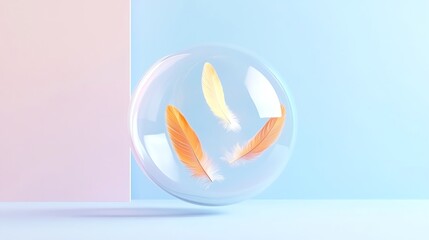 A translucent bubble contains colorful feathers, set against a soft pastel background, creating a tranquil and whimsical visual.