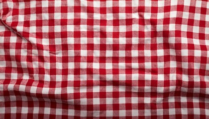 Red white checkered picnic tablecloth as background, top view