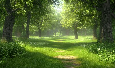 Naklejka premium Sunlit path through a lush green forest clearing with wildflowers, ideal for nature backgrounds.