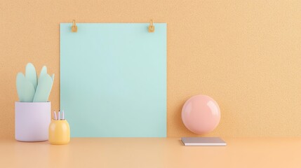 A minimalist workspace featuring a mint green paper, pastel decor, and a warm orange background, creating a serene and inviting atmosphere.