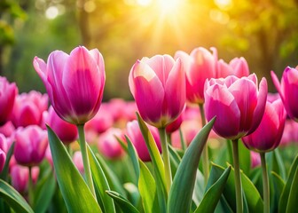 Obraz premium Vibrant Pink Tulips Blooming in Springtime Garden - Rule of Thirds Composition