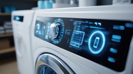 Modern smart washing machine with an interactive digital panel, placed in a clean laundry room
