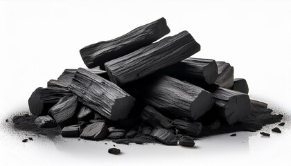 Pile of natural wood charcoal isolated on a white background. Hard wood charcoal. 