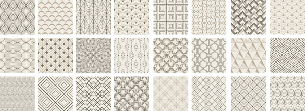 Fototapeta Collection of art deco seamless ornamental geometric patterns - beige design. Repeatable oriental luxury monochrome backgrounds. Decorative elegant prints