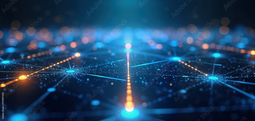 Poster Futuristic tech network glowing with blue, orange light. High-tech logistics nodes interconnected by glowing lines. Illustrates digital communication, data flow. Dynamic abstract image perfect for