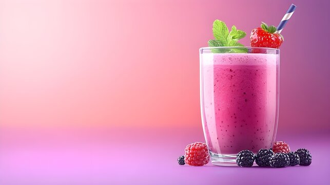 Bright acai smoothie with fresh berries and mint garnish, health drink ad template with clean layout for text, lively and vibrant style