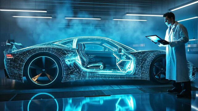 A male engineer is actively exploring and experimenting with futuristic technology within a cuttingedge advanced car design laboratory, focusing on the next generation of automotive innovations